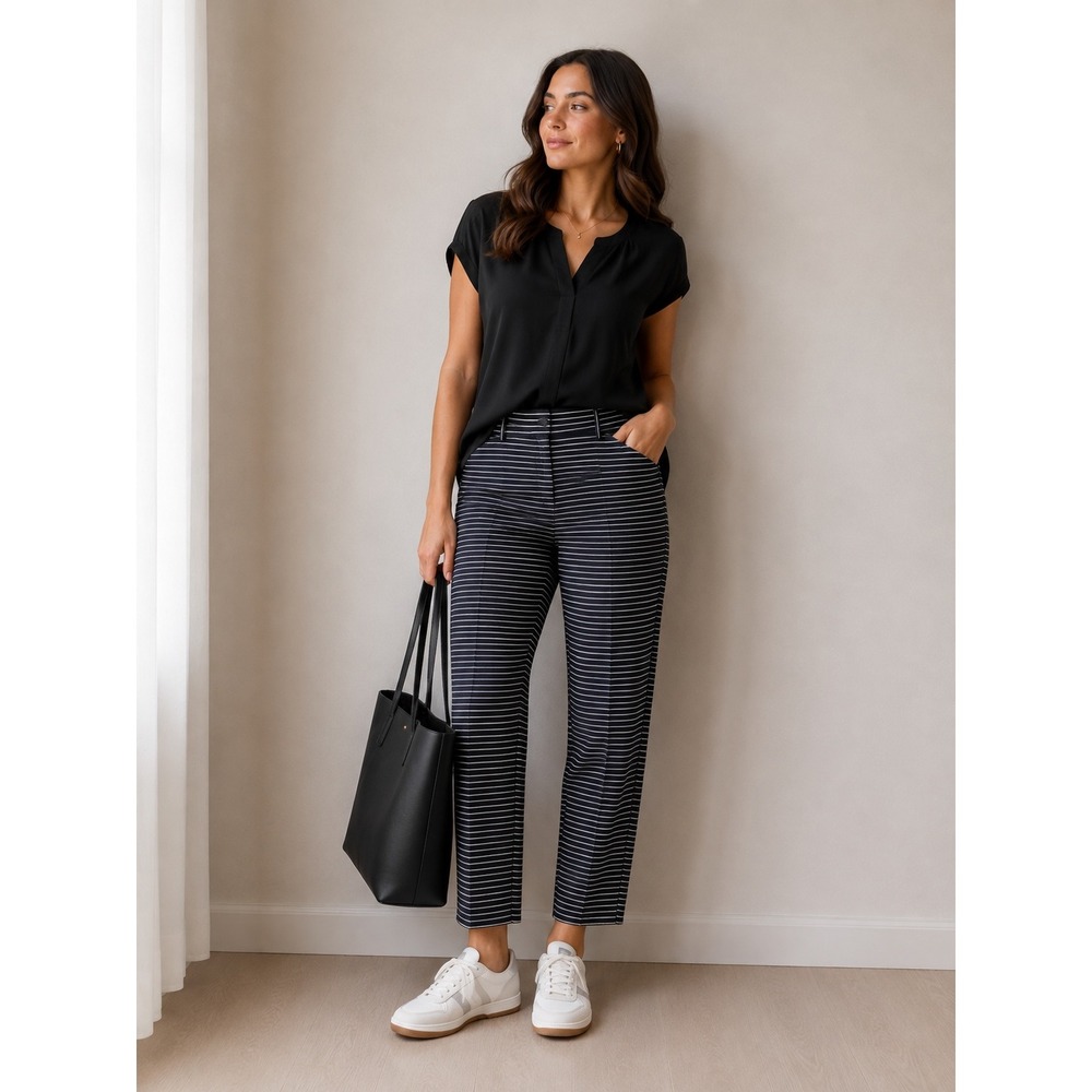Ann Taylor LOFT Julie Navy Blue White Striped Ankle Pants Womens 14‎ Officecore